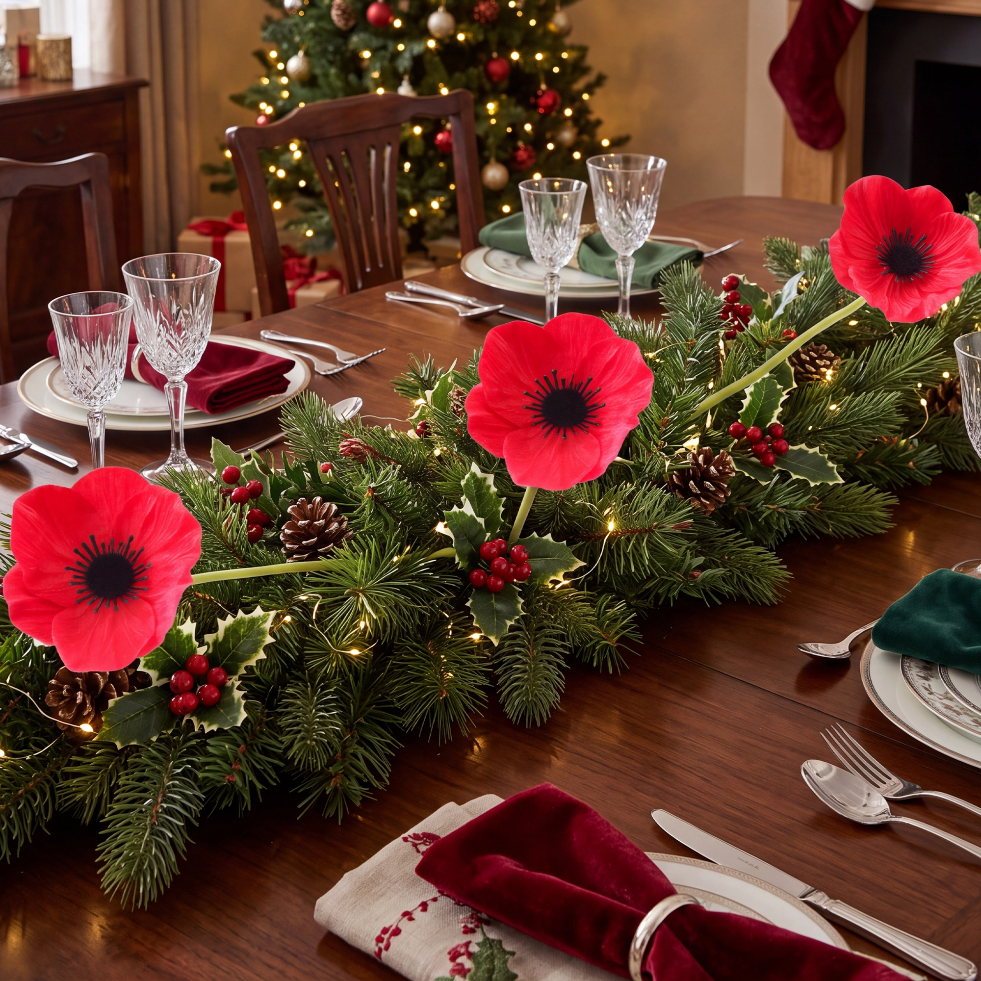 Red Poppy stems in a Christmas garland